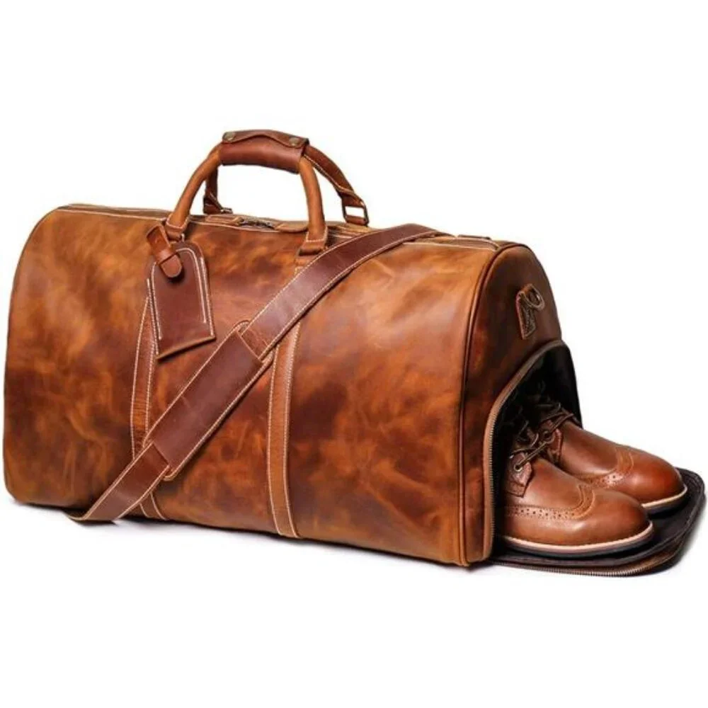 24 Inch Leather Travel Weekend Luggage Bag with Ykk Zipper Mens Duffle Retro